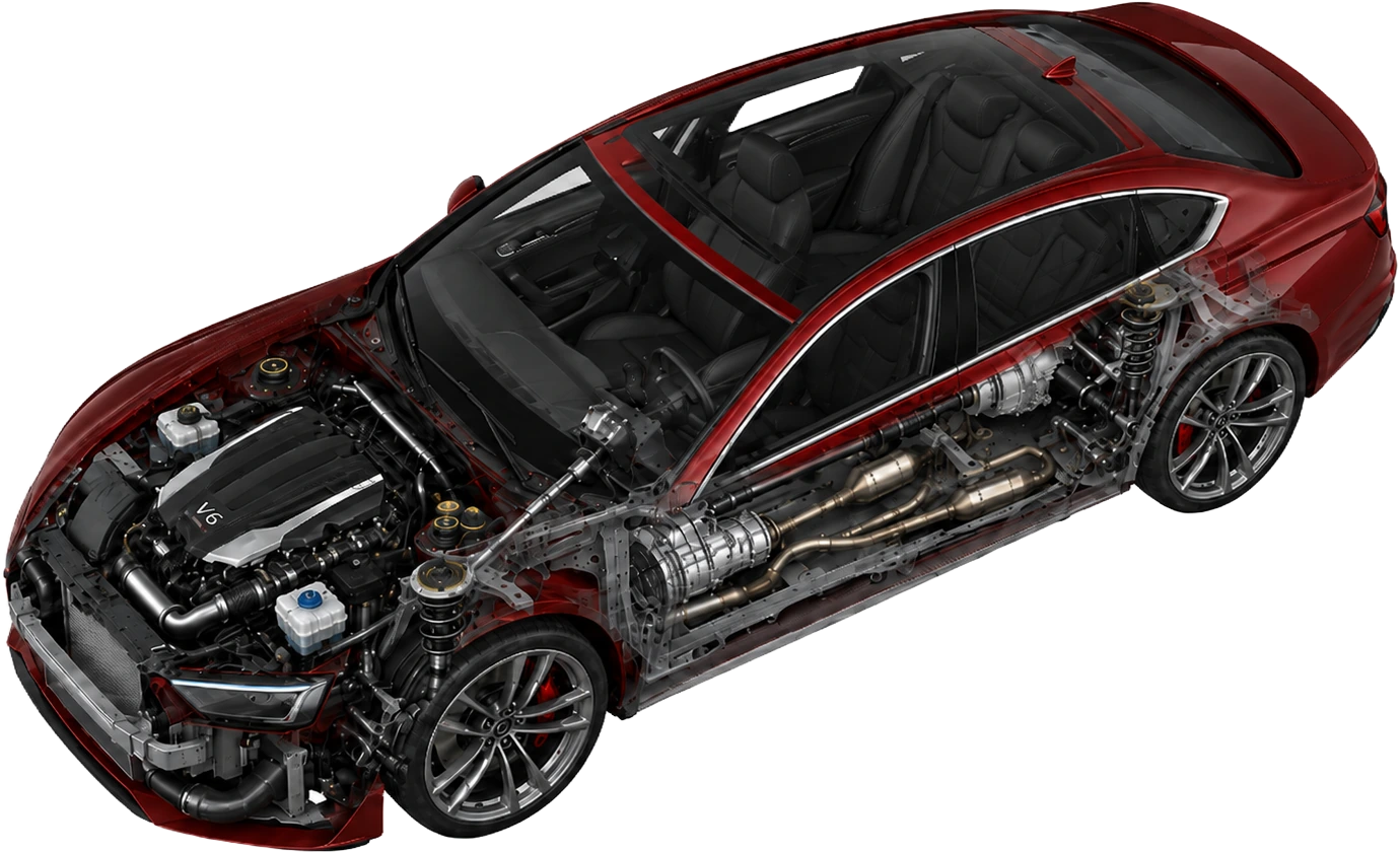 EXX Racing Fahrzeug-Cutaway: Motor, Antriebsstrang, Abgasanlage und Innenraum sichtbar